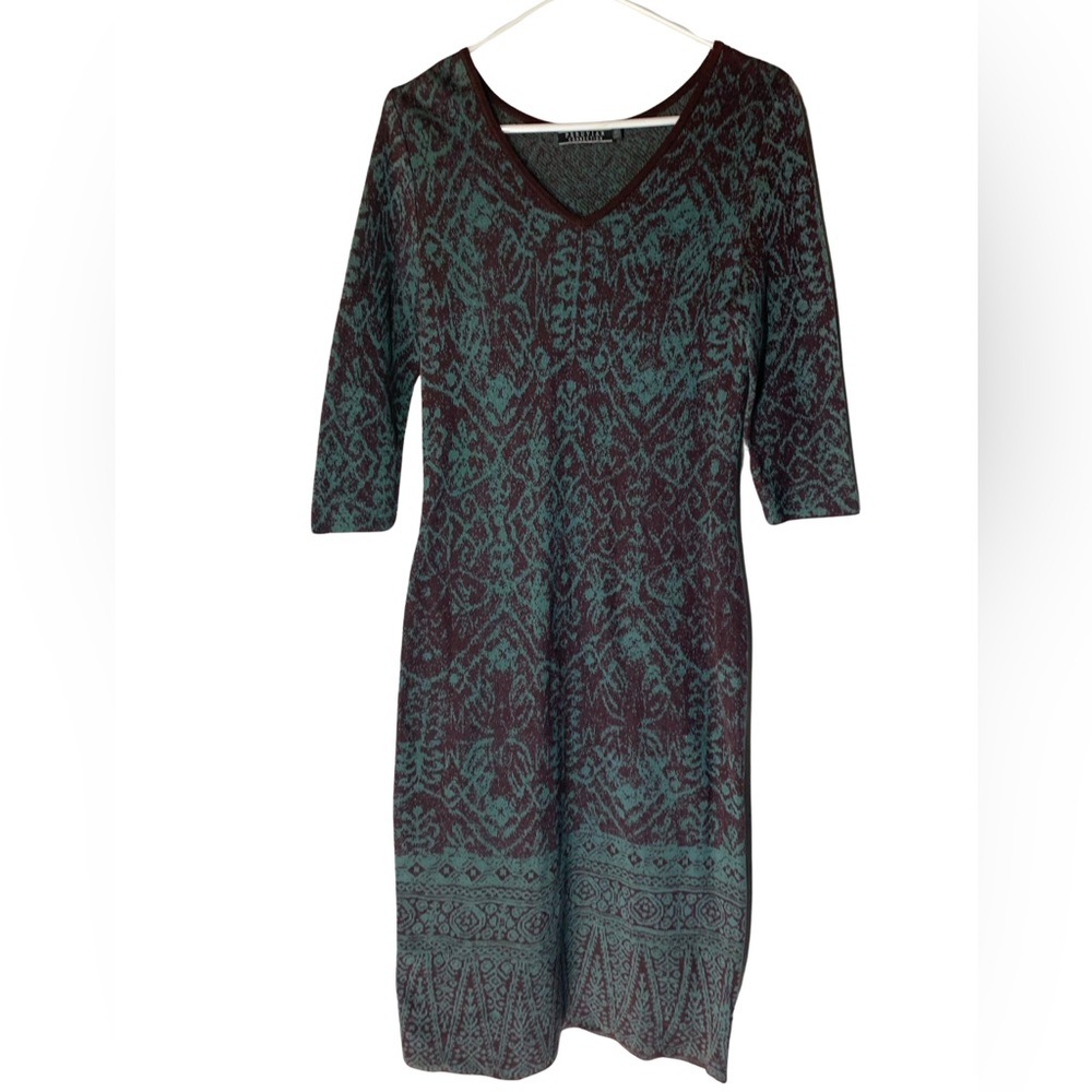 PERUVIAN CONNECTION - Burgundy/Teal Abstract Cotton Knit Sweater Dress, M